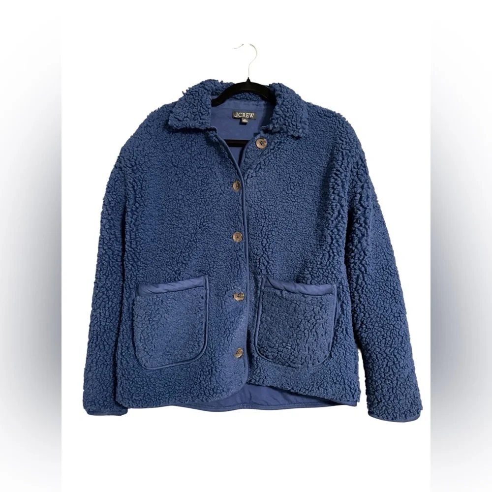 J. Crew Sherpa Fleece Jacket XS Blue Button Front Cozy Teddy Coat